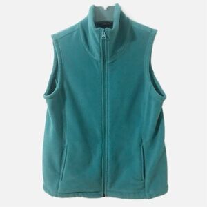 Lands’ End Zippered Front Fleece Vest Mock Turtleneck Side Pockets Blue/Green